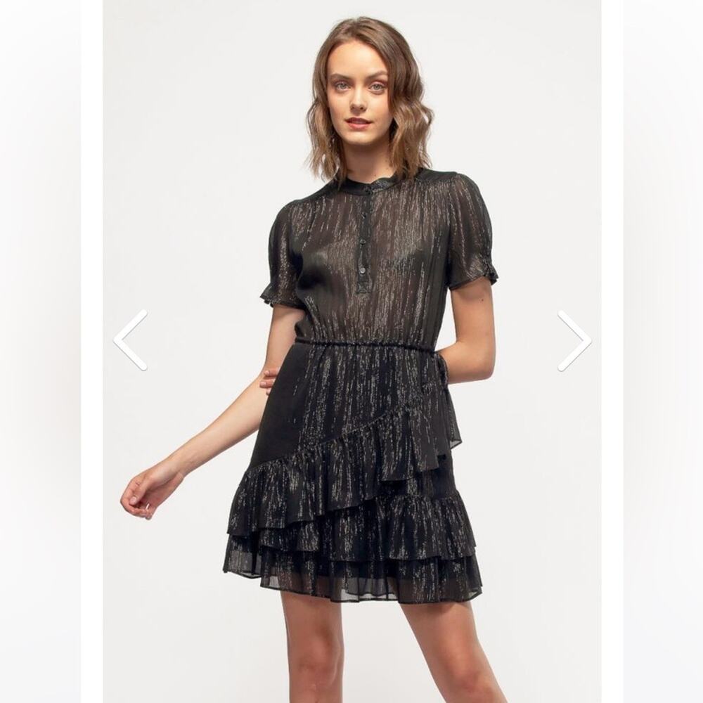 Nurode Lurex Yoryu Ruffle black metallic sheer dress size Small NWT‎